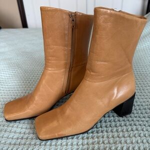 Vintage Etienne Aigner Square Toe Leather Boots Womens 6 Tan Brown 90s Y2K CBK